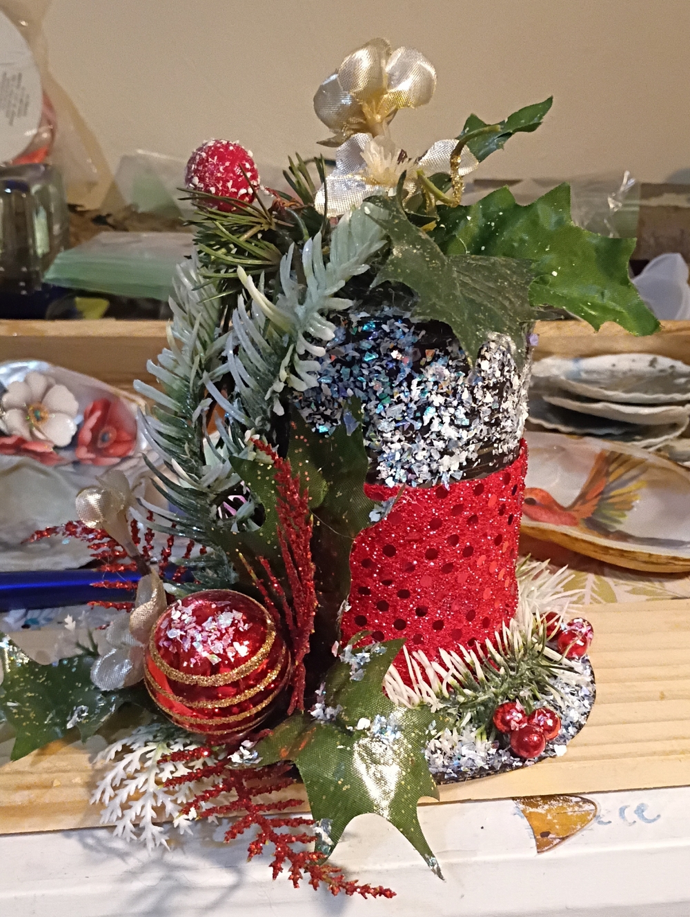 Handmade Holiday Decorative Mini Top Hat Ornament in Red and Green